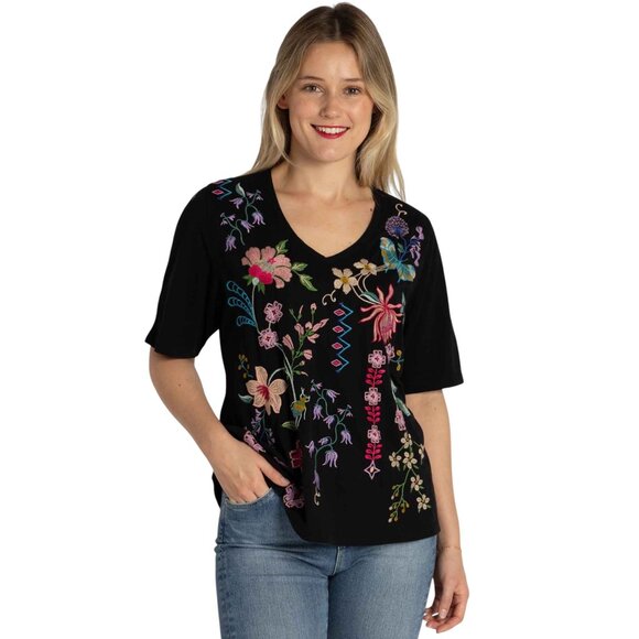 Johnny Was Maureen Trapunto 3/4 Tee Cotton Shirt Floral Embroidery Top Black NEW - Picture 1 of 13